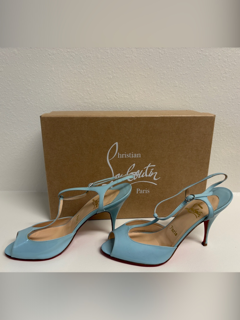 Christian Louboutin Sky-Blue Peep-Toe T-Strap Heels